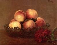 Nature Morte: Peches dans une coupe de verre, une rose fonces avec des feuilles a droite