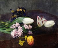 Hyacinth, Tulips and Pansies on a Table