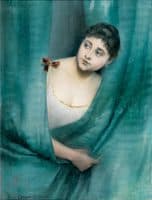 Young Woman behind the Blue Curtain