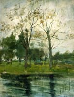 Two Trees Silhouetted behind a Water Course