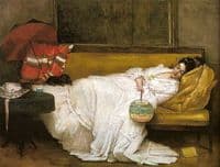 Girl in a white dress resting on a sofa