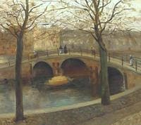 Figuress walking across a Bridge over a Dutch Canal