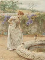 A lady and her dog looking into a fish pond