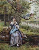 Maid seated by a tree before a river