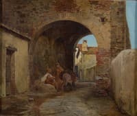 Mediterranean Village with Two Monks Along the Way