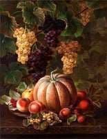 Still life with pumpkin, peaches and nuts