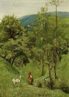 Shepherd Girl with a goat in the meadow of rolling hills