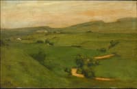 Hilly landscape with village and river