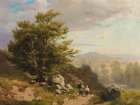 Alpine landscape with two hikers on a sunny summer day