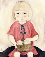 LIttle Girl in a Red Dress with a Basket of Apples