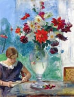 Girl Reading and Vase of Flowers