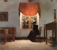 A Woman Knitting by a Window