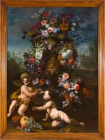 Flower pot with two putti and fruit