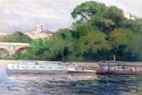 Pèniches Amarées devant Bouquet d'Arbres et Pont