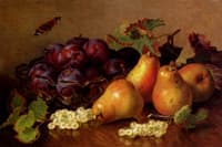 Still Life With Pears, Plums In A Glass Bowl And White Currants On A Table
