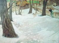 Winter Landscape with House and Dog
