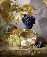 Still life with fruit and an up-turned basket
