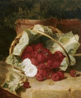 Raspberries in a Cabbage Leaf Lined Basket with White Convulus on a Stone Ledge