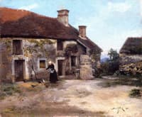 Feeding the Chickens by the Farmhouse