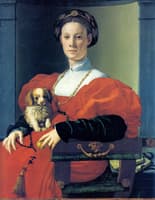 Portrait of a Lady in red with dog