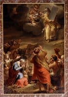 Moses descends from Mount Siniai with the Ten Commandments