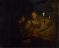 A Candlelight Scene: A Man offering a Gold Chain and Coins to a Girl seated on a Bed
