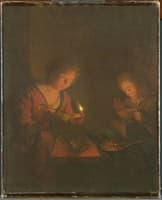 A girl placeing a candle in a lantern and a guy making fire for an oven