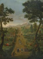 An Extensive Landscape with Carriages and Elegant Figures on a Road