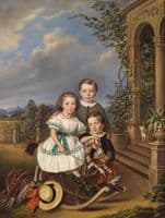Portrait of three children in front of a garden pavilion