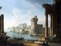 A ruined Ionic Portico and a Tower by an Inlet, a Port and a hilltop Town beyond