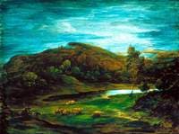 Open Landscape with a Shepherd, Sheep, a Pool and Distant Hills