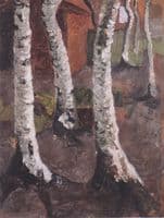 Birch trunks against a red farm