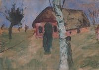 Red House with Birch Tree