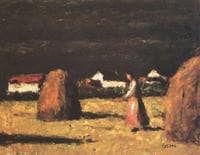 Farmstead with Haystacks and Woman in Pink Apron