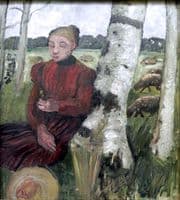 Girl resting on birch trunk