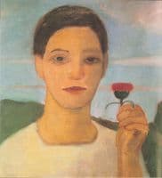 Portrait of sister Herma with artichoke flower in his raised hand