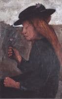 Seated girl with black hat and flower in her hand