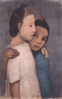 Two girls in white and blue dresses