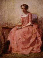 Girl in a Pink Dress Sitting at a Table with a Dog