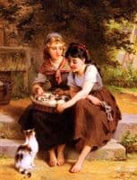 Two Girls With A Basket Of Kittens