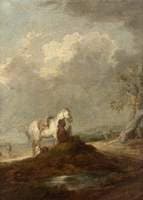 A Traveller Seated on a Country Road, Holding a White Horse