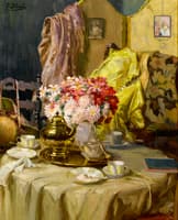 Interior with flowers and tea set