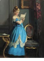 A lady in an interior reading a letter