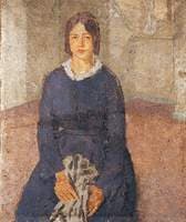 Girl in a Blue Dress Holding a Piece of Sewing