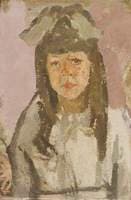 Bust of a Girl with a Bow Before a Pink Background
