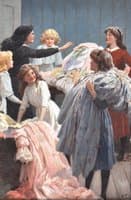 An Interior scene, with young girls playing with a clothes from a trunk