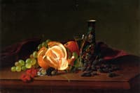 Orange, Raisins, Pansies, Wine Glass and Japanese Vase