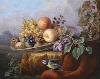 Still Life with Fruit and a Bird, Set against a Landscape