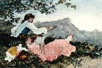 A young man sketching with a reclining woman reading
