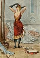 Woman in a masquerade costume looking in a mirror